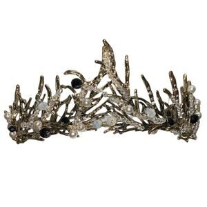 Tiara Crown Beaded Gold Metal Black Witchy Ethereal Cosplay Renaissance Wedding